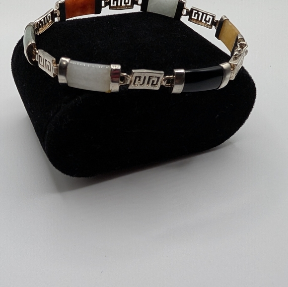 Vintage Chinese 925 Sterling Silver Muti-Color Jade & Chinese GOOD luck Bracelet - Picture 5 of 15